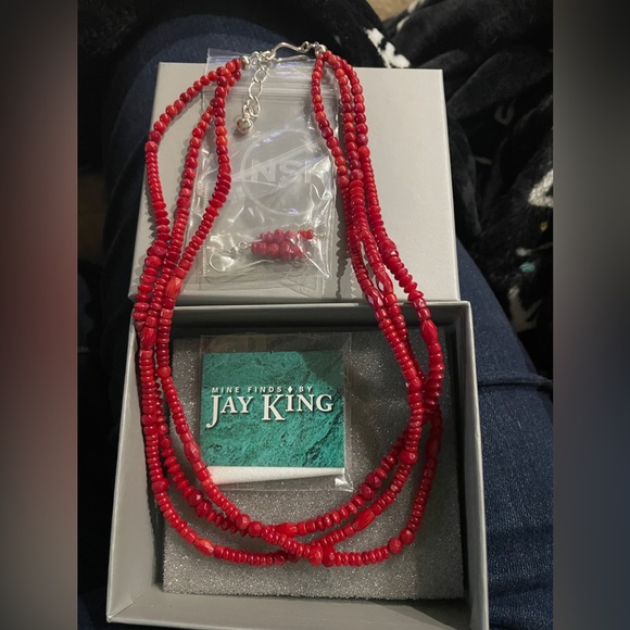 Red Coral Bead 3-Strand Necklace  & earrings (pierced) by Jay King - Picture 3 of 6